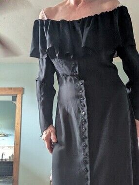 Gown, Black, Ruffled Neckline, Ankle Length